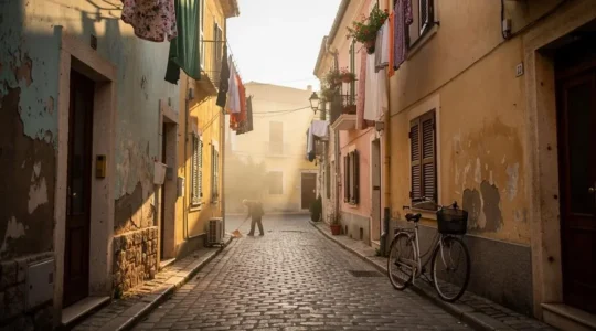 Ruelle résidentielle pavée d'une ville européenne au lever du jour, avec du linge séchant aux fenêtres, loin des sites touristiques bondés