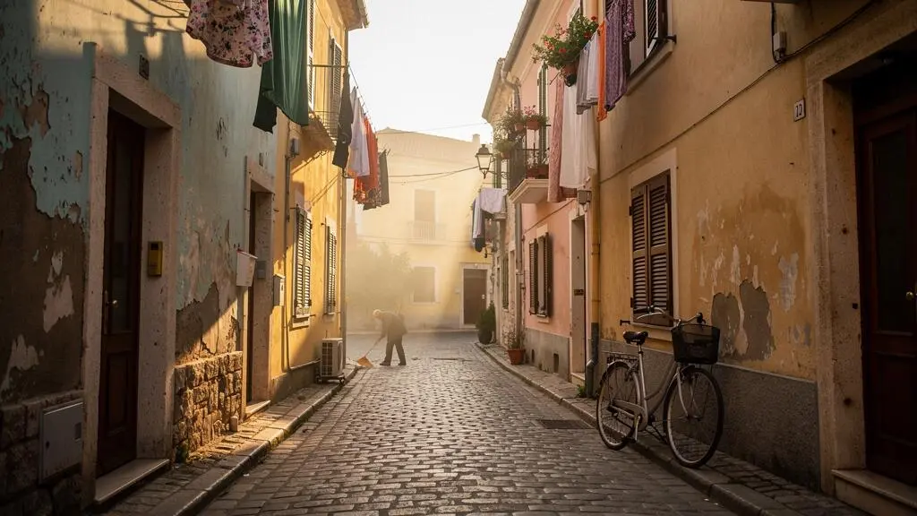 Ruelle résidentielle pavée d'une ville européenne au lever du jour, avec du linge séchant aux fenêtres, loin des sites touristiques bondés