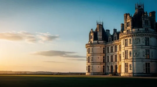 Facade majestueuse d'un chateau en pierre eclairee en lumiere rasante, symbolisant la lecture de son histoire architecturale