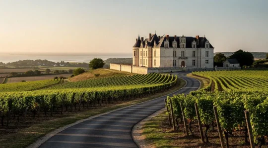 Route de campagne menant vers un chateau en pierre de tuffeau entoure de vignes avec une lumiere cotiere au loin, symbole d'un autotour dans les Pays-de-la-Loire