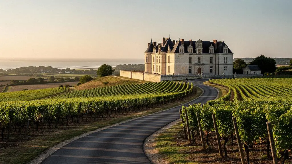 Route de campagne menant vers un chateau en pierre de tuffeau entoure de vignes avec une lumiere cotiere au loin, symbole d'un autotour dans les Pays-de-la-Loire