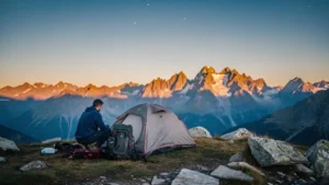 Randonneur installant une petite tente discrète au crépuscule dans un paysage de montagne française préservé