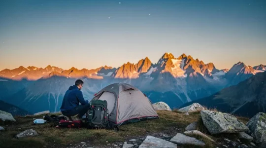 Randonneur installant une petite tente discrète au crépuscule dans un paysage de montagne française préservé