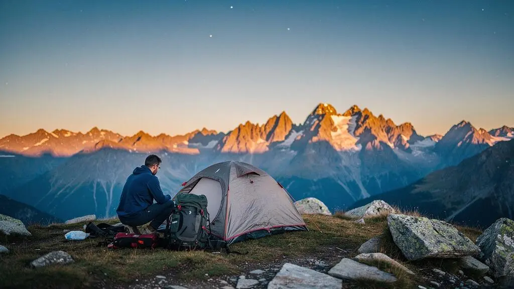 Randonneur installant une petite tente discrète au crépuscule dans un paysage de montagne française préservé