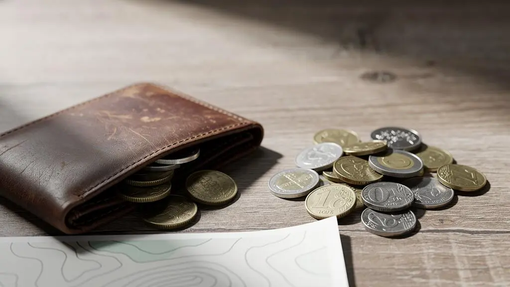 Portefeuille de voyage ouvert avec des pièces de monnaies étrangères suggérant les dépenses cachées d'un budget de voyage