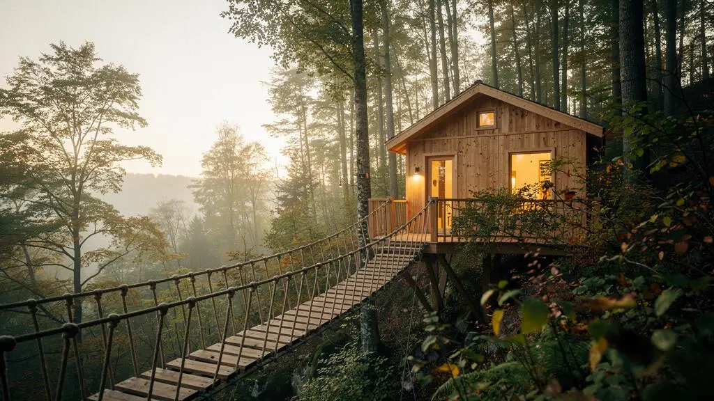 Cabane en bois perchee dans les arbres au coucher du soleil, entouree d'une foret dense, illustrant le choix d'un hebergement insolite.