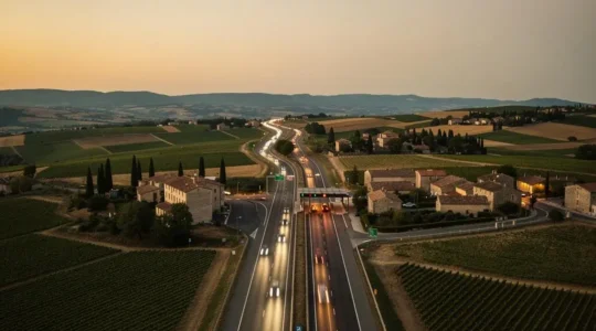 Vue aérienne d'un croisement de routes françaises illustrant le choix entre autoroute et nationale pour un trajet rapide et économique