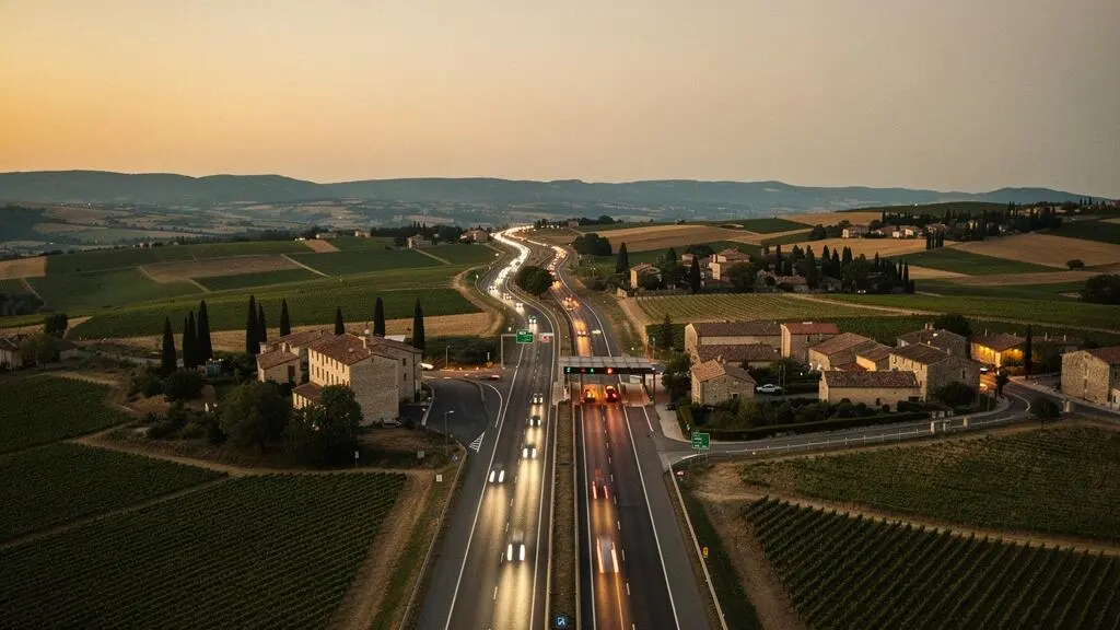 Vue aérienne d'un croisement de routes françaises illustrant le choix entre autoroute et nationale pour un trajet rapide et économique