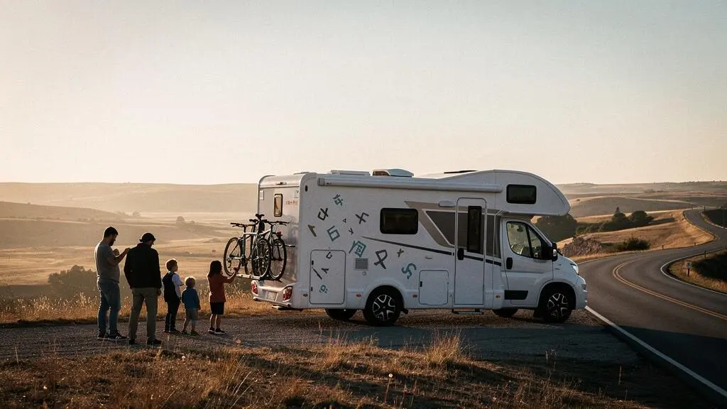 Famille devant un camping-car profilé garé face à un paysage naturel au lever du soleil