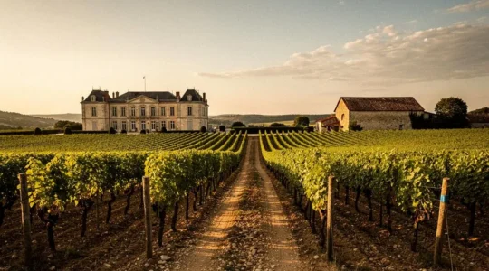 Rangs de vignes menant vers deux styles de domaines viticoles, symbolisant le choix entre grand château et exploitation familiale