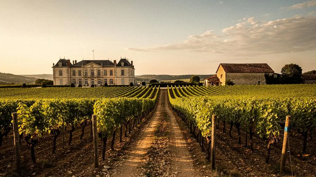 Rangs de vignes menant vers deux styles de domaines viticoles, symbolisant le choix entre grand château et exploitation familiale
