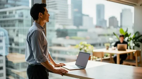 Un professionnel nomade observant plusieurs espaces de travail partagés depuis une terrasse urbaine, symbolisant le choix d'un coworking adapté à ses besoins
