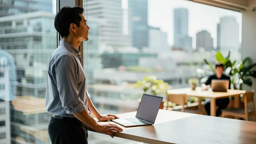 Un professionnel nomade observant plusieurs espaces de travail partagés depuis une terrasse urbaine, symbolisant le choix d'un coworking adapté à ses besoins