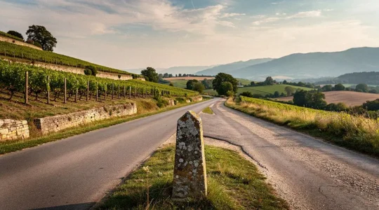 Route de campagne sinueuse traversant des paysages variés de vignobles et de montagnes, symbolisant le choix entre circuit formaté et itinéraire authentique