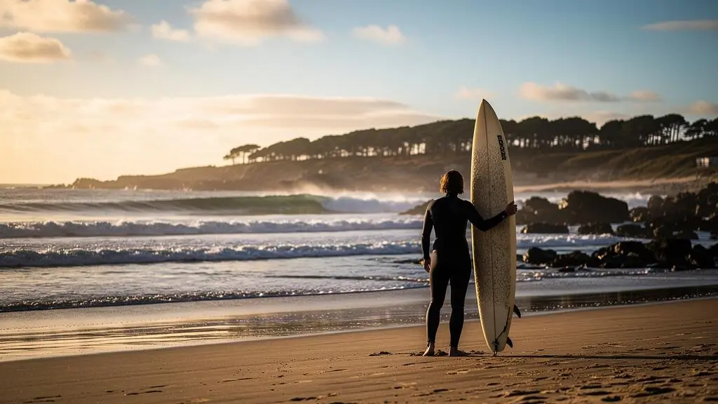 Surfeur observant l'océan Atlantique face à plusieurs types de vagues sur le littoral français, symbolisant le choix du bon spot selon son niveau