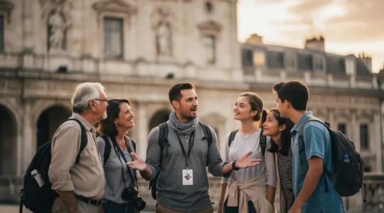 Petit groupe de voyageurs attentifs autour d'un guide passionné devant un monument historique européen, illustrant le choix d'une visite guidée de qualité