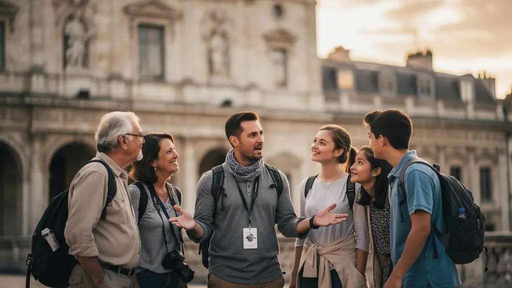 Petit groupe de voyageurs attentifs autour d'un guide passionné devant un monument historique européen, illustrant le choix d'une visite guidée de qualité