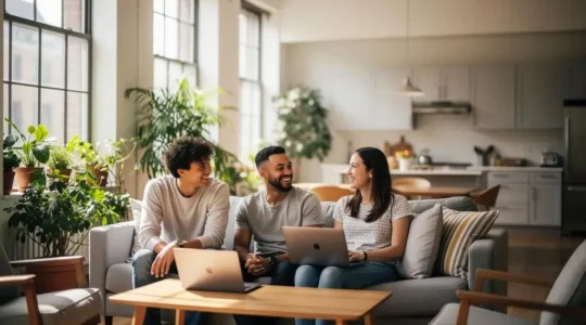 Jeunes actifs et digital nomads partageant un espace de vie commun lumineux et convivial
