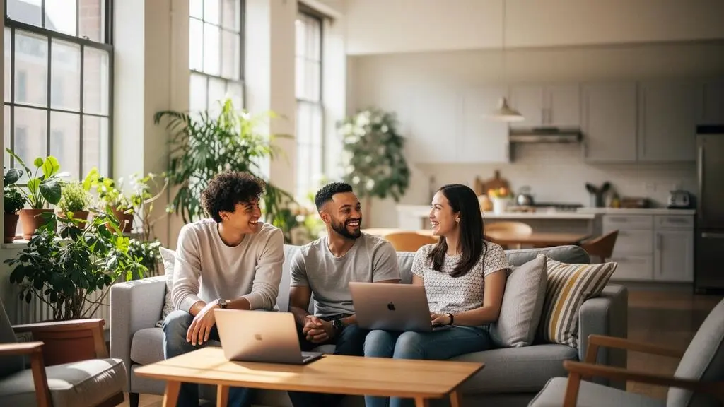 Jeunes actifs et digital nomads partageant un espace de vie commun lumineux et convivial
