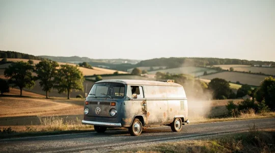 Combi Volkswagen compact garé au bord d'une route de campagne au coucher du soleil, symbole de voyage et de nostalgie