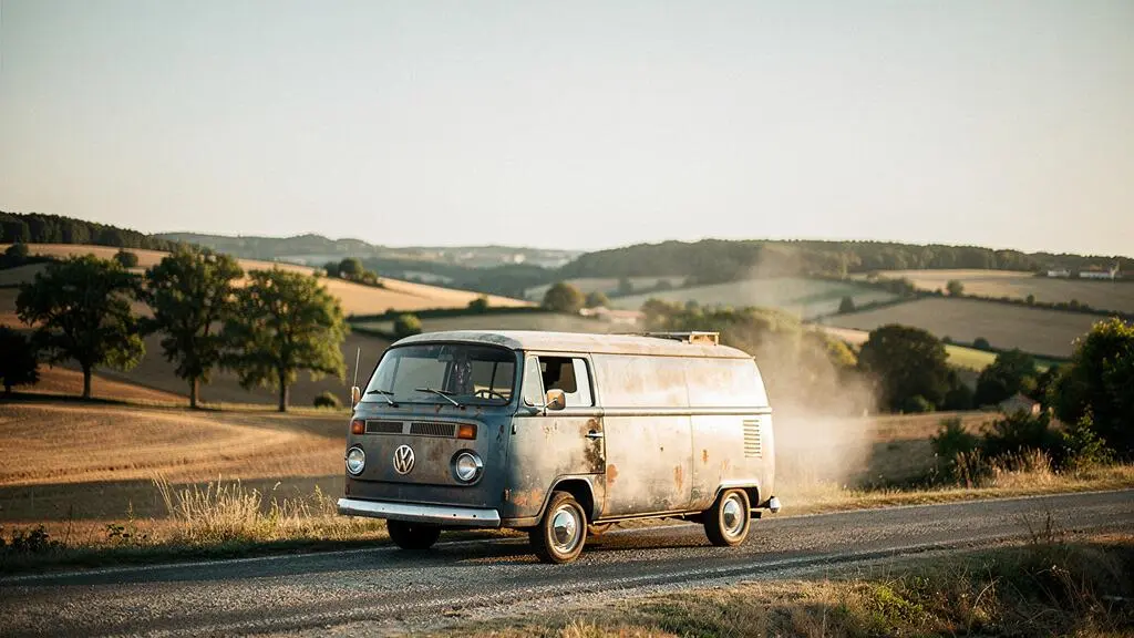 Combi Volkswagen compact garé au bord d'une route de campagne au coucher du soleil, symbole de voyage et de nostalgie