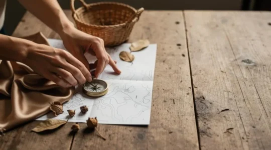 Mains d'un voyageur organisant un itineraire personnalise avec une carte vierge et des objets de voyage, sans agence