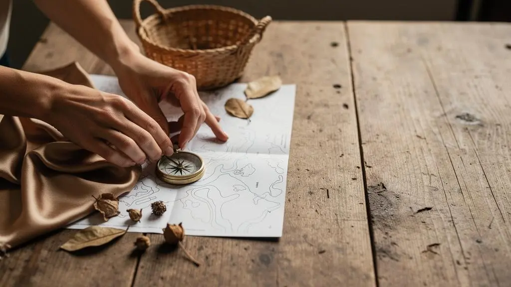 Mains d'un voyageur organisant un itineraire personnalise avec une carte vierge et des objets de voyage, sans agence