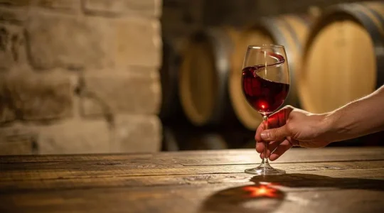 Une main tenant délicatement un verre de vin rouge à contre-jour, symbolisant le passage de la simple consommation à la dégustation consciente