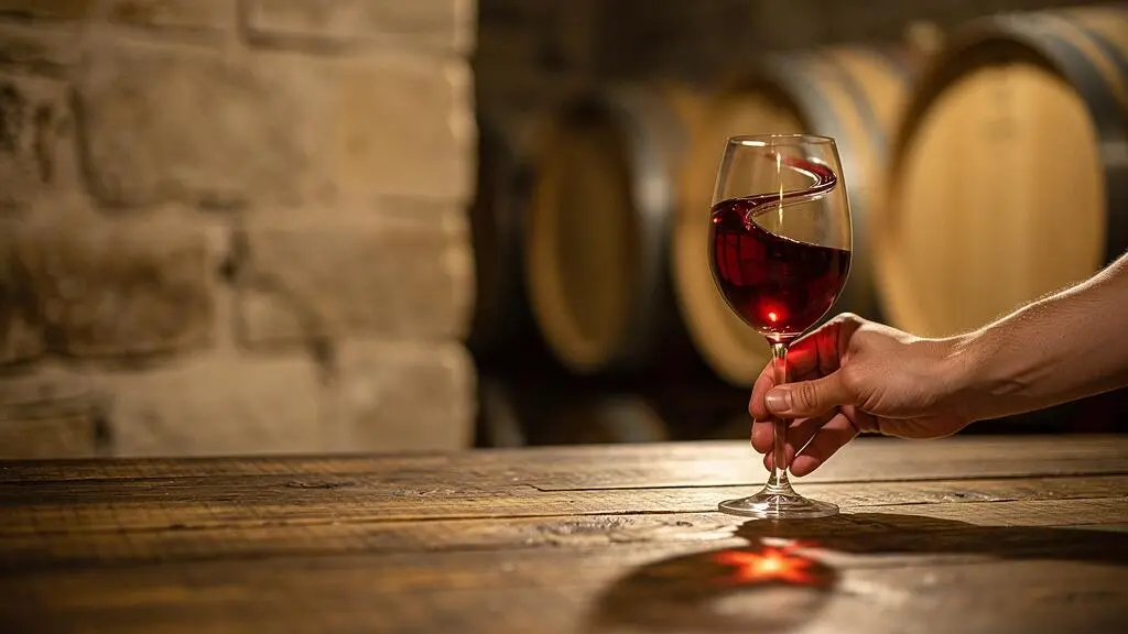 Une main tenant délicatement un verre de vin rouge à contre-jour, symbolisant le passage de la simple consommation à la dégustation consciente