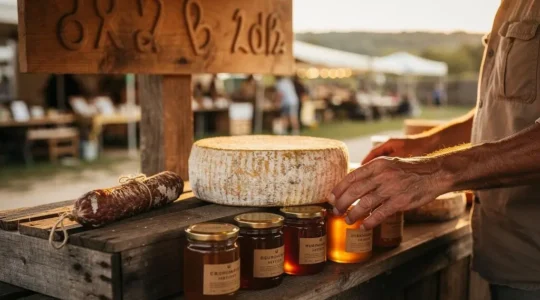 Étal en bois d'un marché de village français présentant des produits du terroir authentiques, fromages, charcuterie et pots de miel artisanaux