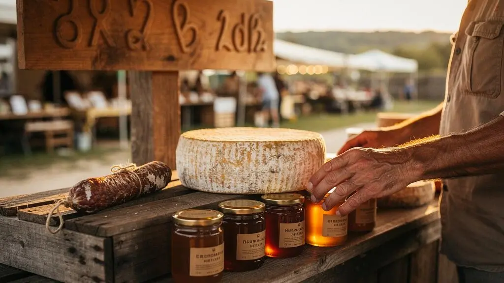 Étal en bois d'un marché de village français présentant des produits du terroir authentiques, fromages, charcuterie et pots de miel artisanaux