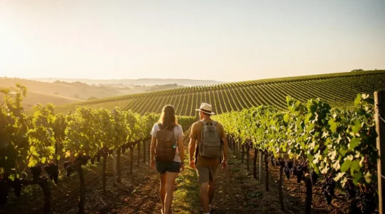 Un couple de voyageurs observant un rang de vignes au coucher du soleil, symbolisant une experience oenotouristique complete et immersive