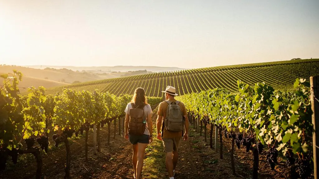 Un couple de voyageurs observant un rang de vignes au coucher du soleil, symbolisant une experience oenotouristique complete et immersive