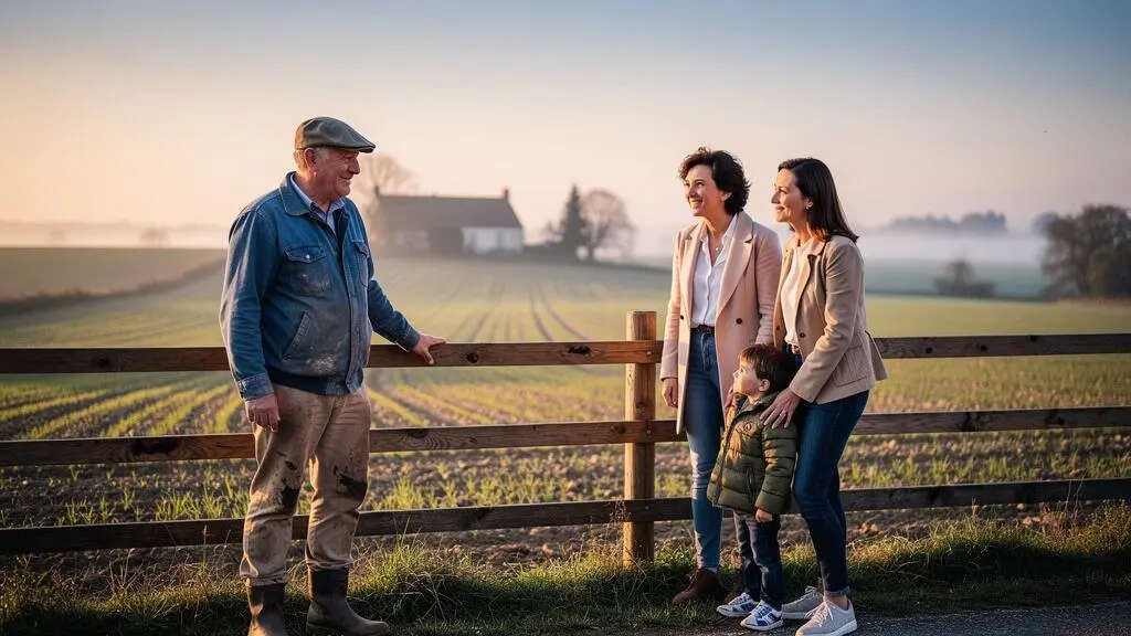 Famille citadine partageant un moment authentique avec un agriculteur dans une ferme française au lever du jour