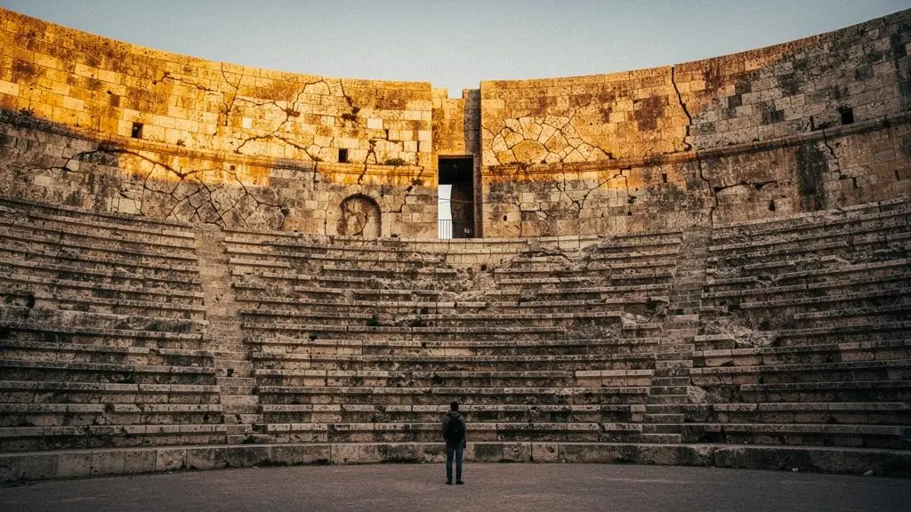 Voyageur contemplant en silence les vestiges d'un monument ancien baigné de lumière rasante, symbolisant la fascination pour le patrimoine matériel
