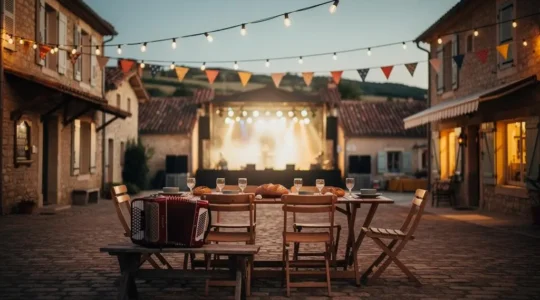 Contraste nocturne entre une petite place de village illuminee de guirlandes et les lumieres floues d'un grand festival au loin, symbolisant le choix entre fete authentique et event touristique