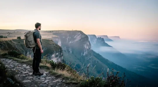 Voyageur solitaire avec un sac à dos contemplant un large paysage naturel depuis un sentier isolé, loin des foules touristiques