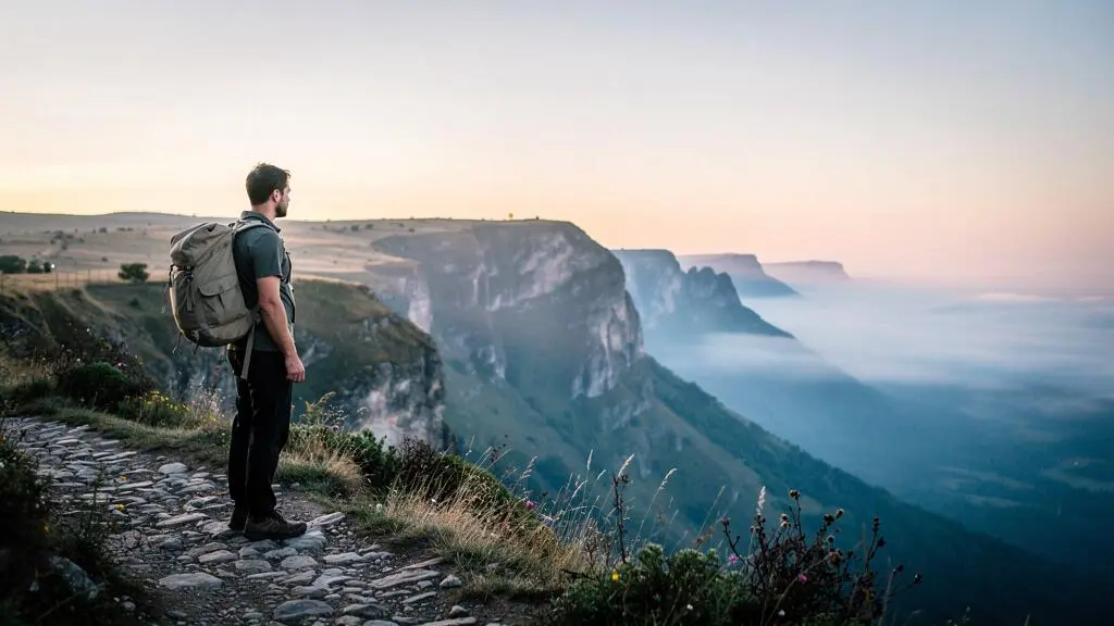 Voyageur solitaire avec un sac à dos contemplant un large paysage naturel depuis un sentier isolé, loin des foules touristiques