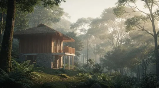 Un ecolodge en bois integre harmonieusement dans une foret dense, illustrant l'authenticite et l'engagement ecologique reel d'un hebergement