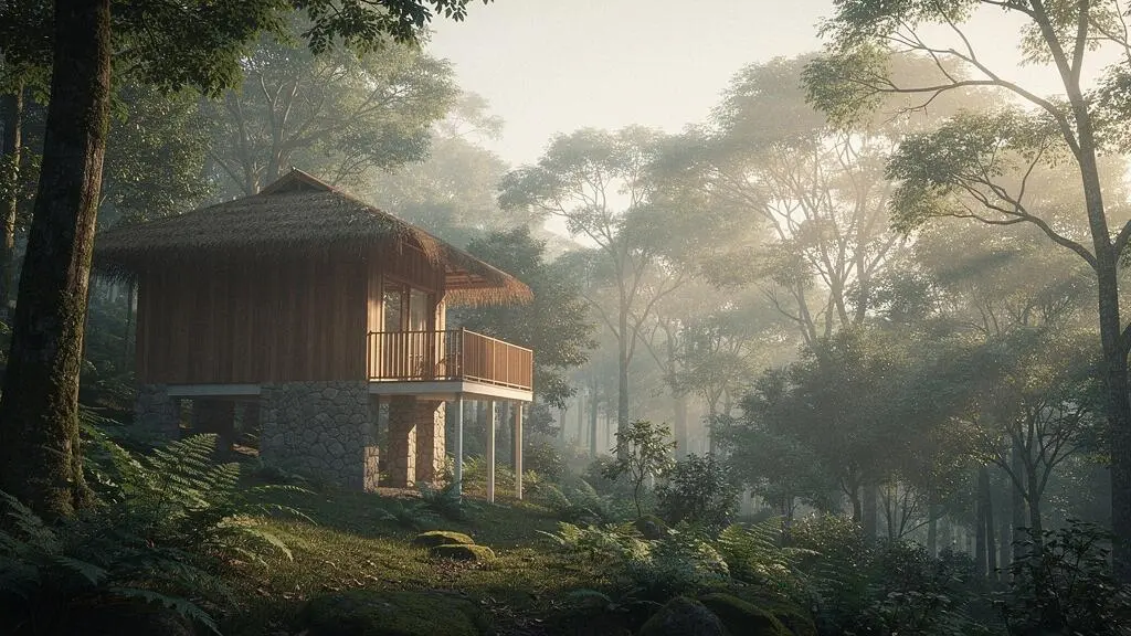 Un ecolodge en bois integre harmonieusement dans une foret dense, illustrant l'authenticite et l'engagement ecologique reel d'un hebergement