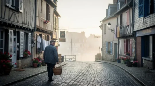 Ruelle pavée du quartier Sainte-Catherine à Honfleur avec façades à pans de bois et essentages d'ardoise, loin de la foule du Vieux Bassin