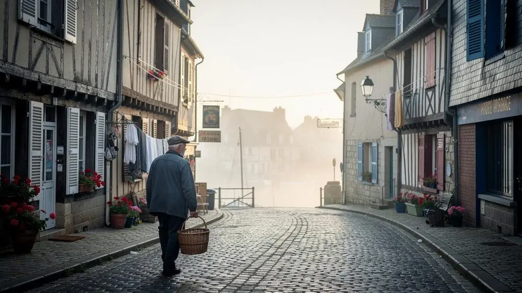 Ruelle pavée du quartier Sainte-Catherine à Honfleur avec façades à pans de bois et essentages d'ardoise, loin de la foule du Vieux Bassin