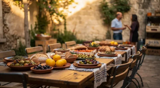 Table conviviale dressée en extérieur, symbole d'un partage de repas authentique loin des circuits touristiques