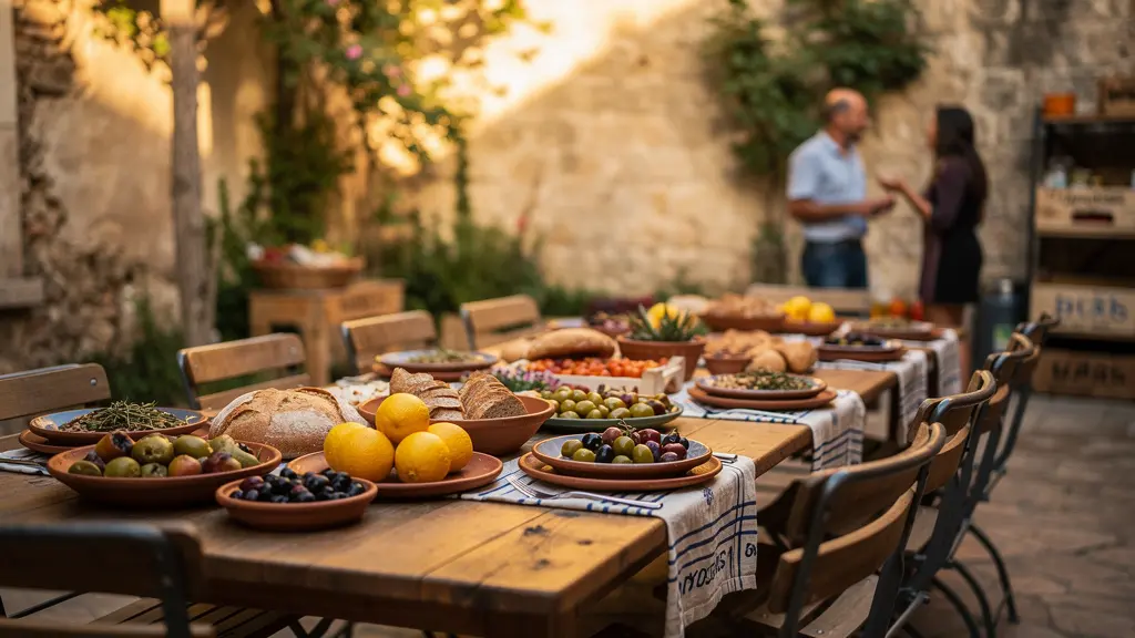Table conviviale dressée en extérieur, symbole d'un partage de repas authentique loin des circuits touristiques