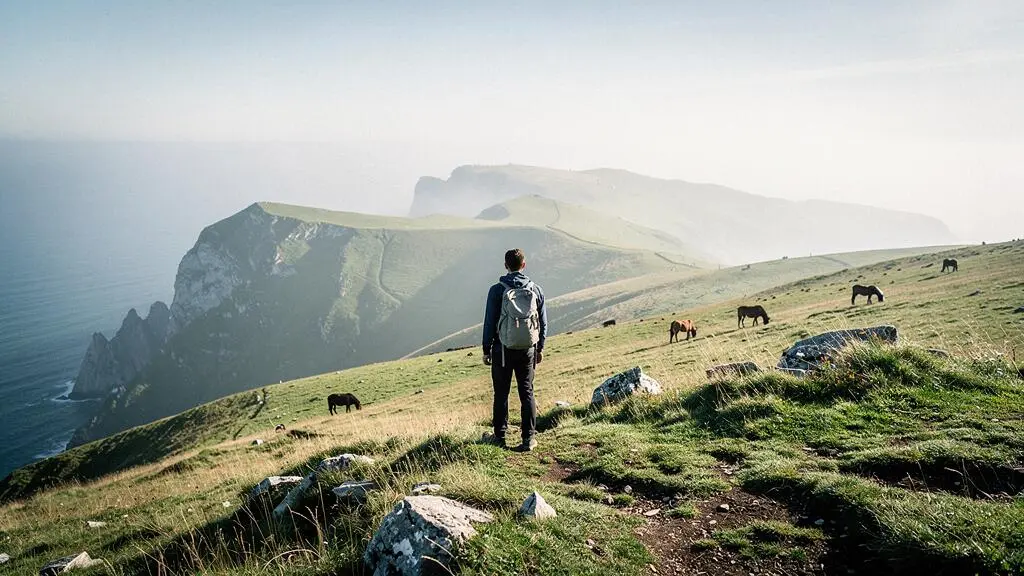 Vue panoramique sur une crête verdoyante des montagnes basques surplombant l'océan Atlantique au lever du jour