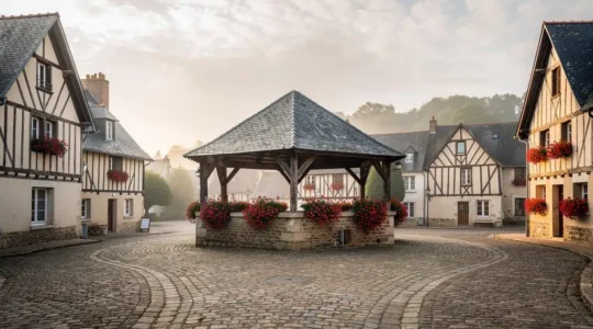 Vue d'ensemble d'une place de village normand à colombages baignée dans une lumière douce, illustrant la beauté architecturale du Pays d'Auge