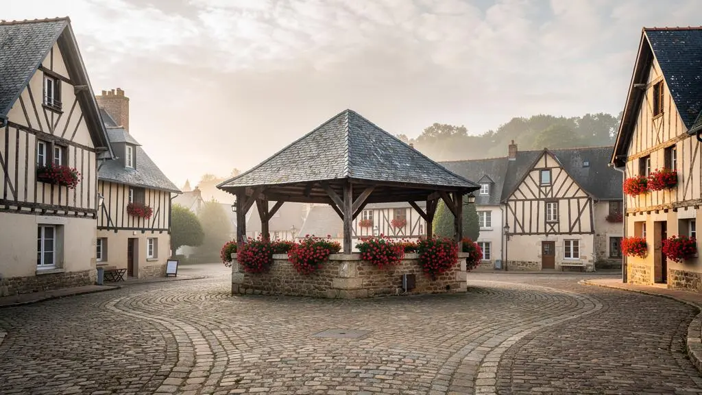 Vue d'ensemble d'une place de village normand à colombages baignée dans une lumière douce, illustrant la beauté architecturale du Pays d'Auge