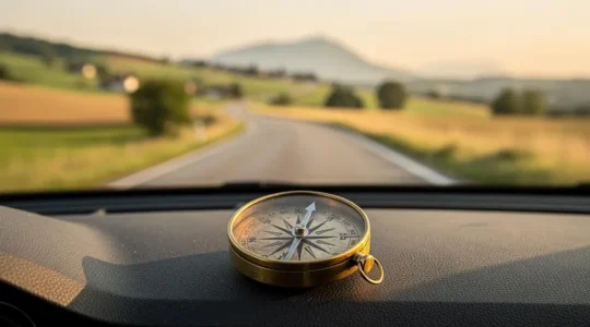 Une boussole posée sur le tableau de bord d'une voiture avec une route sinueuse traversant un paysage varié à l'horizon, symbolisant la préparation d'un road trip