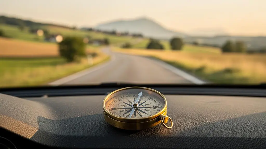 Une boussole posée sur le tableau de bord d'une voiture avec une route sinueuse traversant un paysage varié à l'horizon, symbolisant la préparation d'un road trip