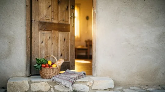 Porte en bois ouverte sur un intérieur chaleureux symbolisant l'accueil chez l'habitant à travers le monde